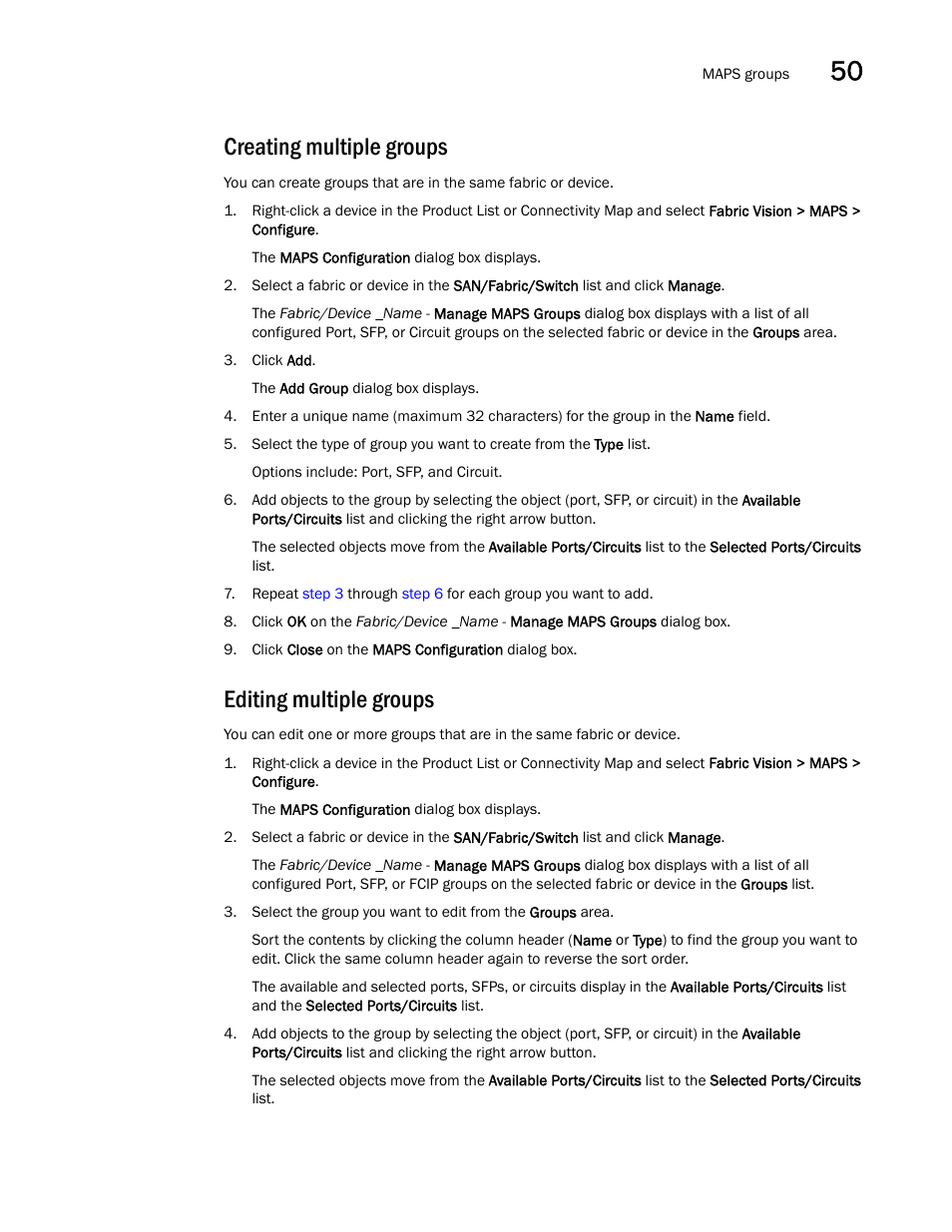Creating multiple groups, Editing multiple groups | Brocade Network Advisor SAN + IP User Manual v12.1.0 User Manual | Page 1866 / 2389