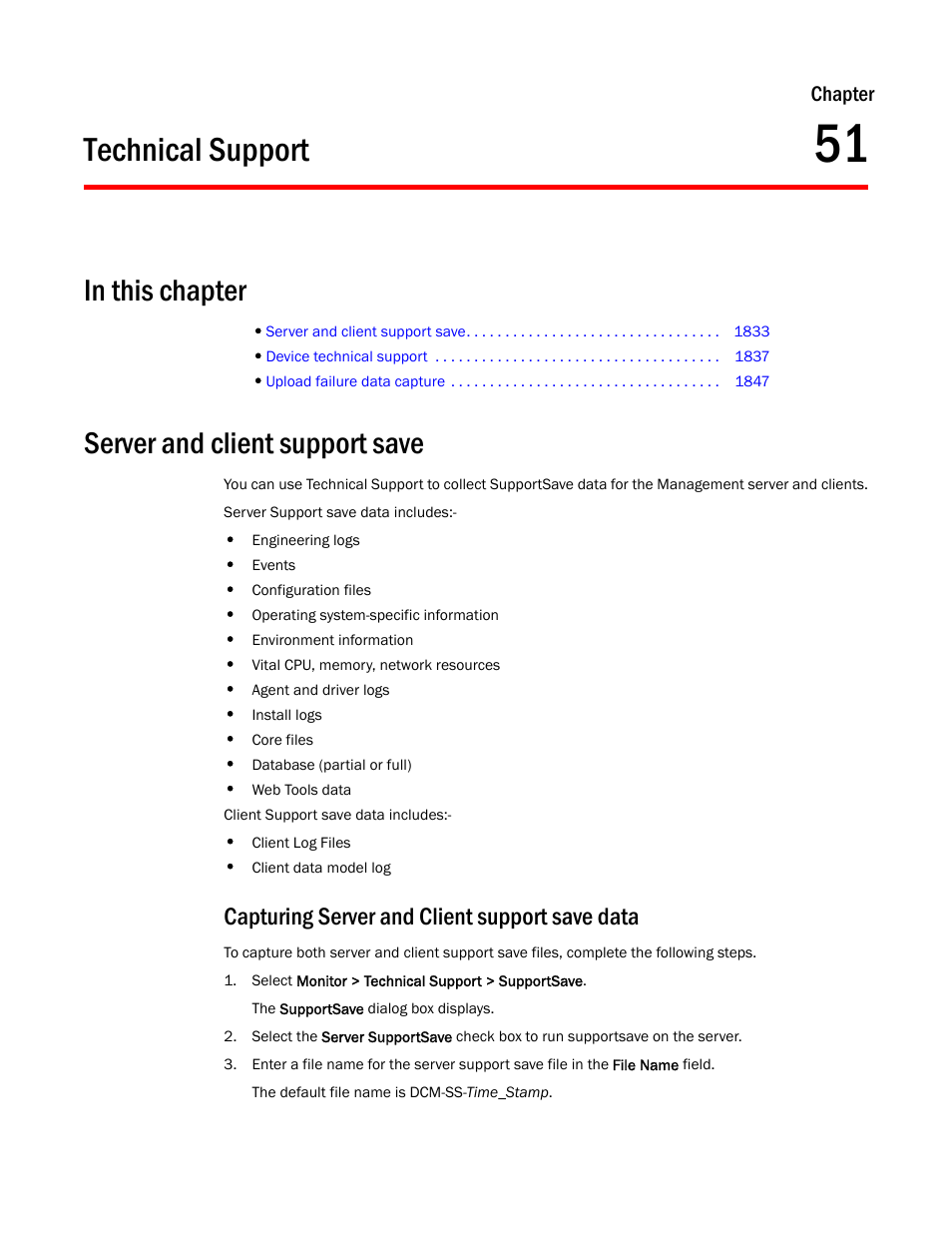 Technical support, In this chapter, Server and client support save | Capturing server and client support save data, Chapter 51, Capturing server and client support save data 3, Chapter 51, “technical support, Ed in | Brocade Network Advisor SAN + IP User Manual v12.1.0 User Manual | Page 1874 / 2389