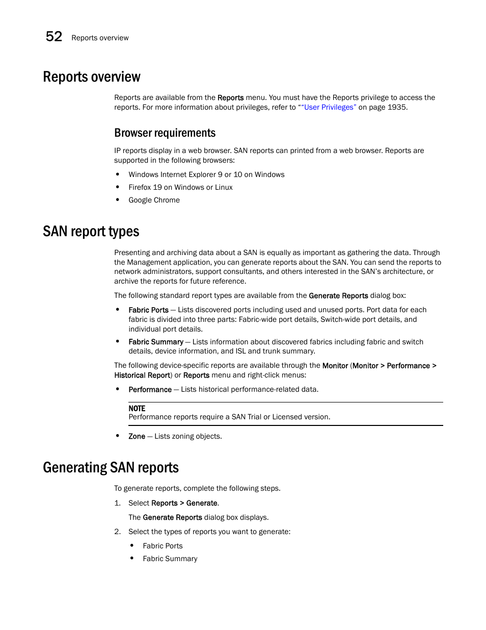 Reports overview, Browser requirements, San report types | Generating san reports, Browser requirements 2, Reports overview 2, San report types 2, Generating san reports 2 | Brocade Network Advisor SAN + IP User Manual v12.1.0 User Manual | Page 1893 / 2389