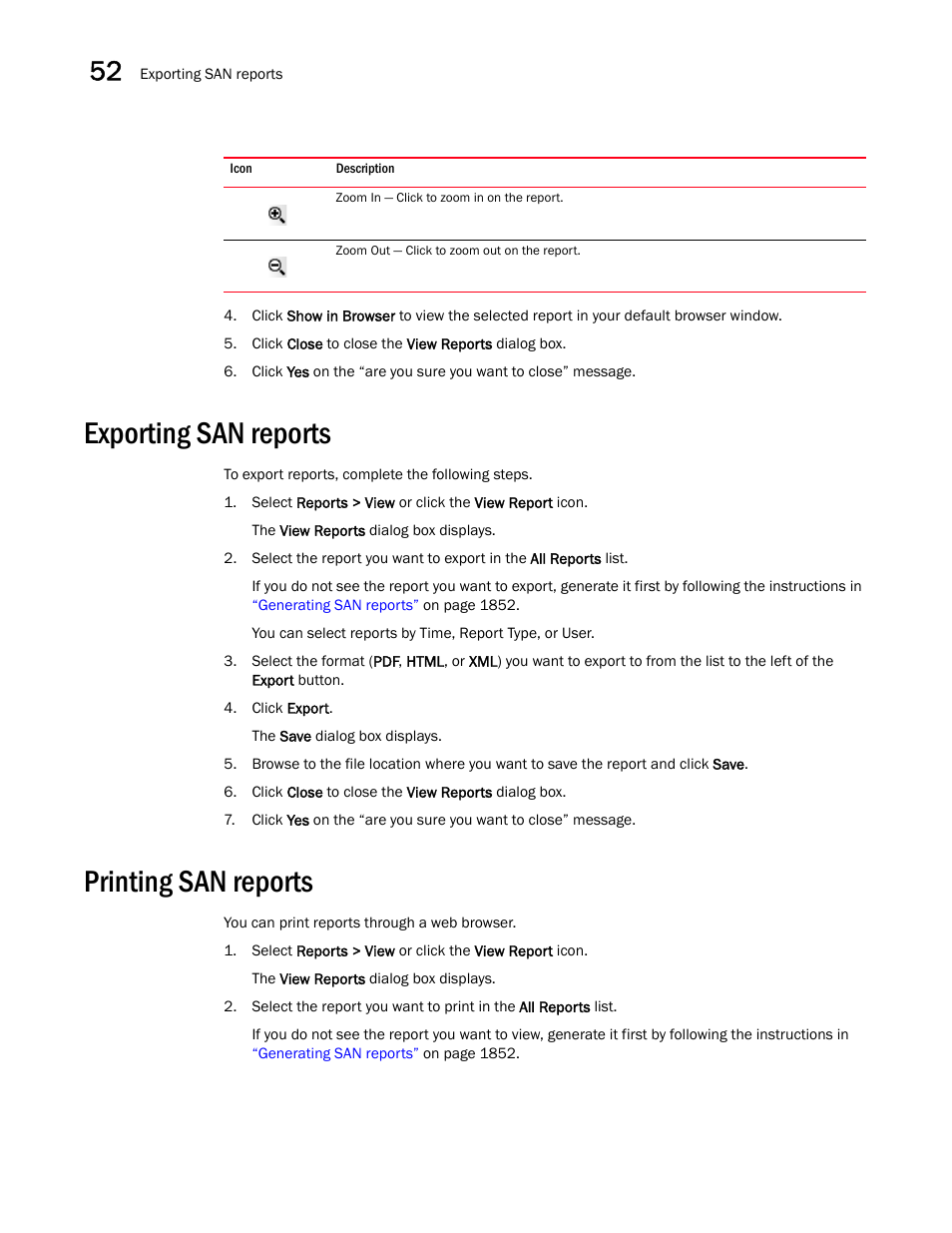 Exporting san reports, Printing san reports, Exporting san reports 4 | Printing san reports 4 | Brocade Network Advisor SAN + IP User Manual v12.1.0 User Manual | Page 1895 / 2389