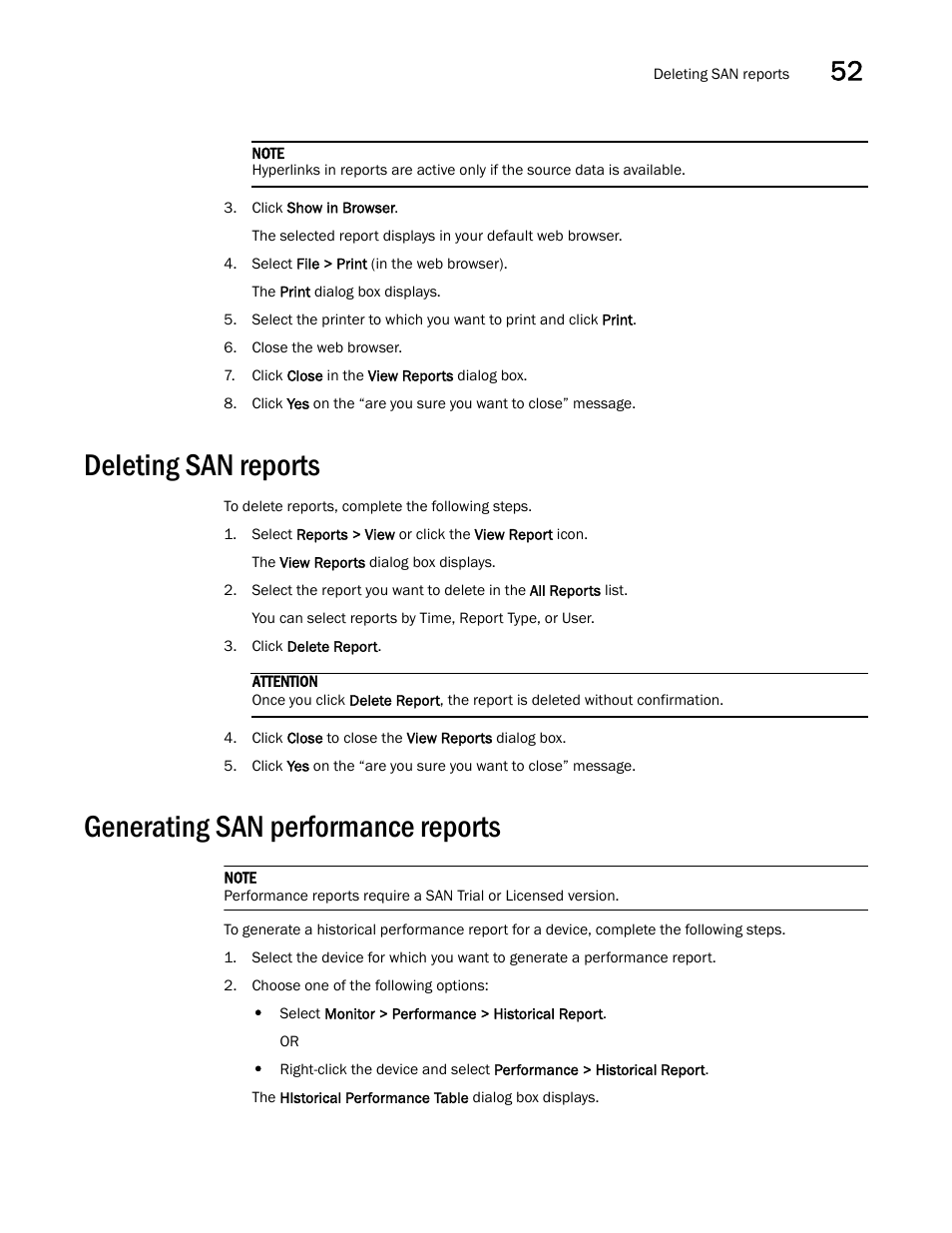 Deleting san reports, Generating san performance reports, Generating san | Performance reports, Deleting san reports 5, Generating san performance reports 5 | Brocade Network Advisor SAN + IP User Manual v12.1.0 User Manual | Page 1896 / 2389