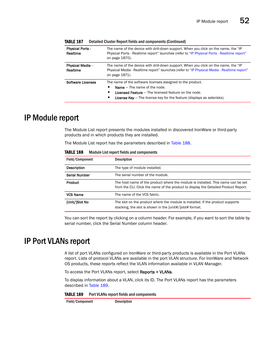 Ip module report, Ip port vlans report, Ip module report 7 | Ip port vlans report 7 | Brocade Network Advisor SAN + IP User Manual v12.1.0 User Manual | Page 1908 / 2389