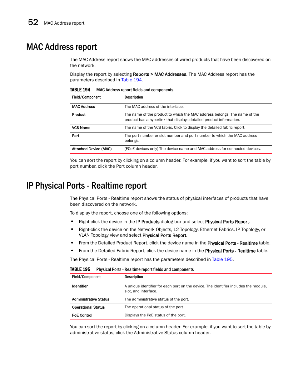 Mac address report, Ip physical ports - realtime report, Mac address report 0 | Ip physical ports - realtime report 0 | Brocade Network Advisor SAN + IP User Manual v12.1.0 User Manual | Page 1911 / 2389