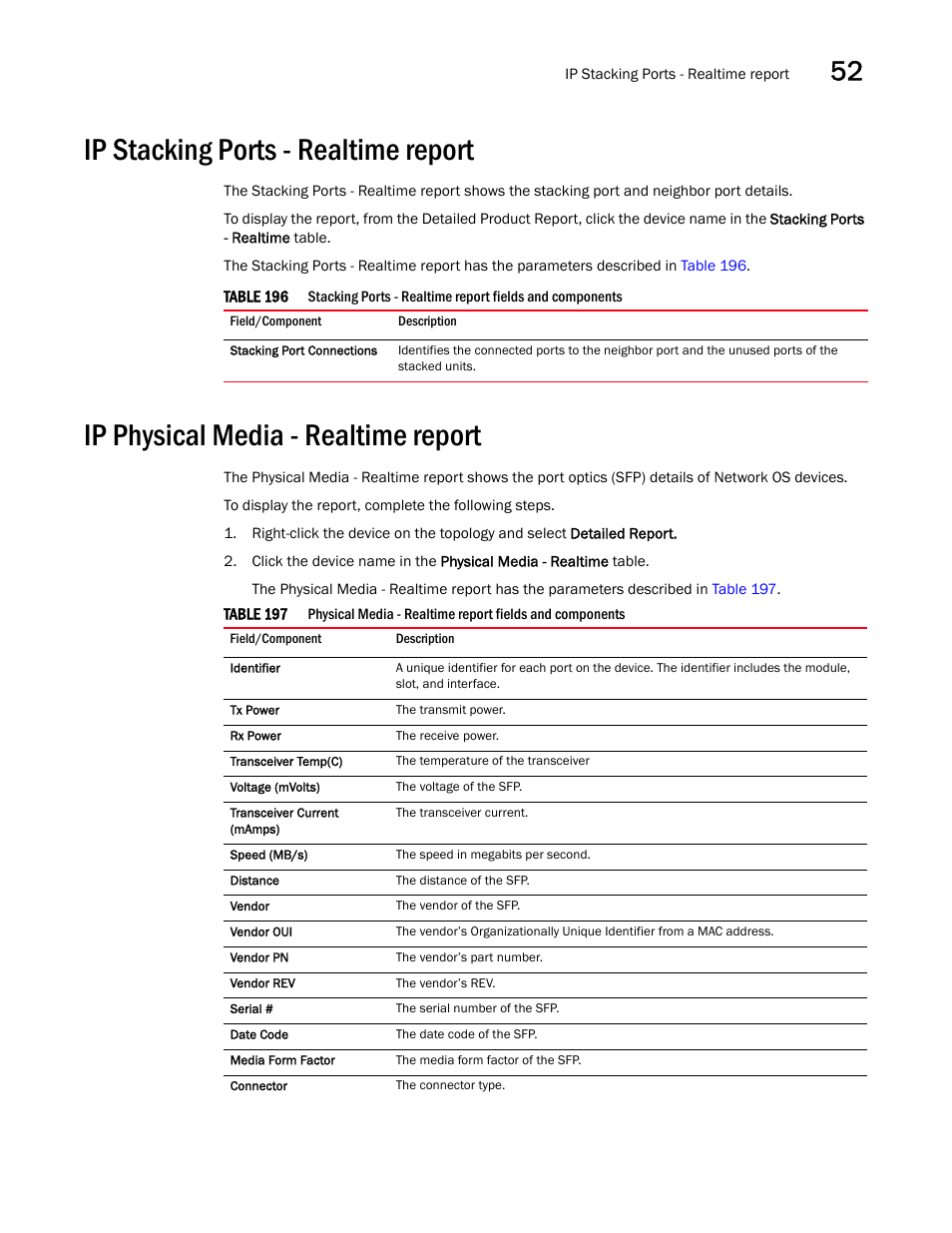 Ip stacking ports - realtime report, Ip physical media - realtime report, Ip stacking ports - realtime | Report | Brocade Network Advisor SAN + IP User Manual v12.1.0 User Manual | Page 1912 / 2389