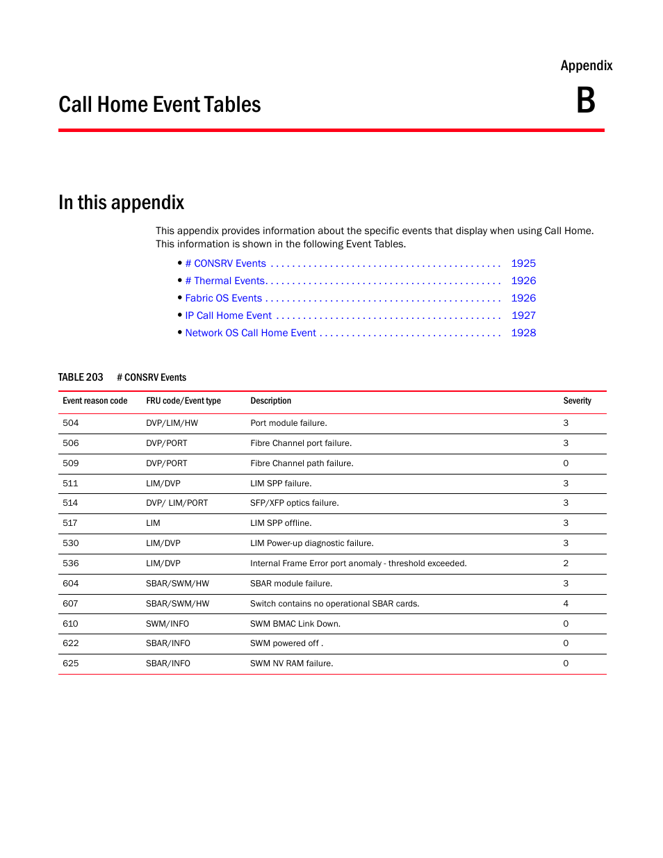 Call home event tables, Appendix b, Appendix b, “call home event tables | Appendix | Brocade Network Advisor SAN + IP User Manual v12.1.0 User Manual | Page 1966 / 2389