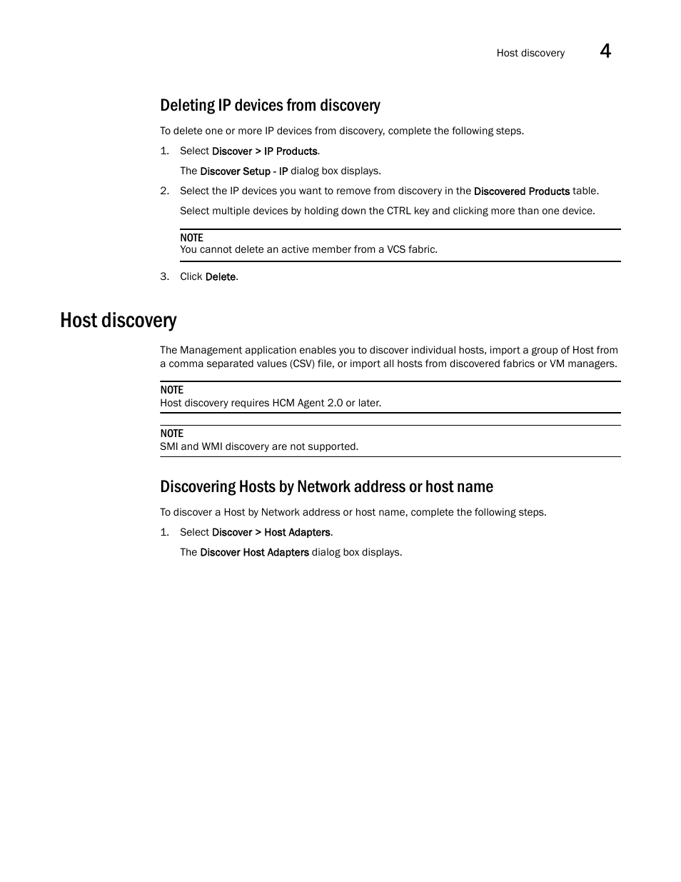 Deleting ip devices from discovery, Host discovery, Discovering hosts by network address or host name | Deleting ip devices from, Discovery | Brocade Network Advisor SAN + IP User Manual v12.1.0 User Manual | Page 198 / 2389