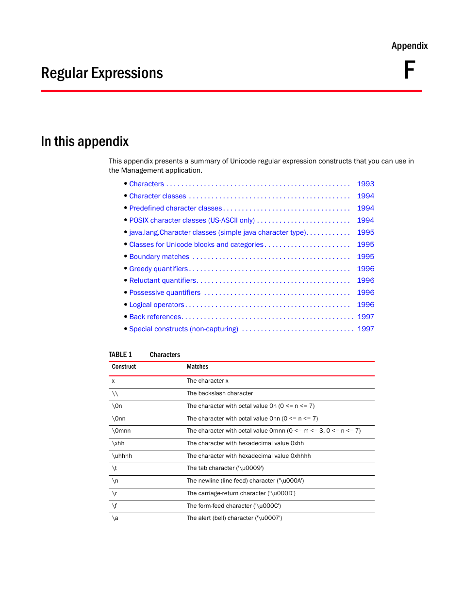 Regular expressions, Appendix f, Appendix f, “regular expressions | Appendix | Brocade Network Advisor SAN + IP User Manual v12.1.0 User Manual | Page 2033 / 2389