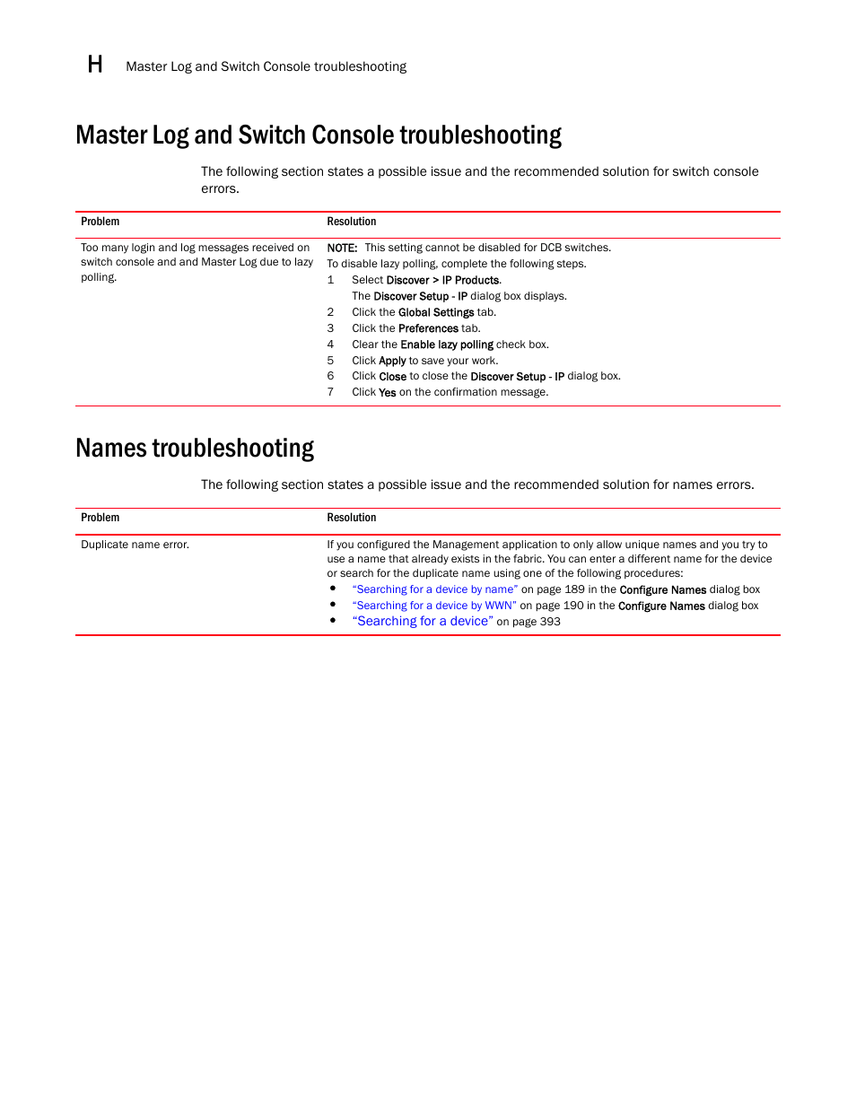 Master log and switch console troubleshooting, Names troubleshooting, Master log and switch console troubleshooting 4 | Names troubleshooting 4 | Brocade Network Advisor SAN + IP User Manual v12.1.0 User Manual | Page 2062 / 2389