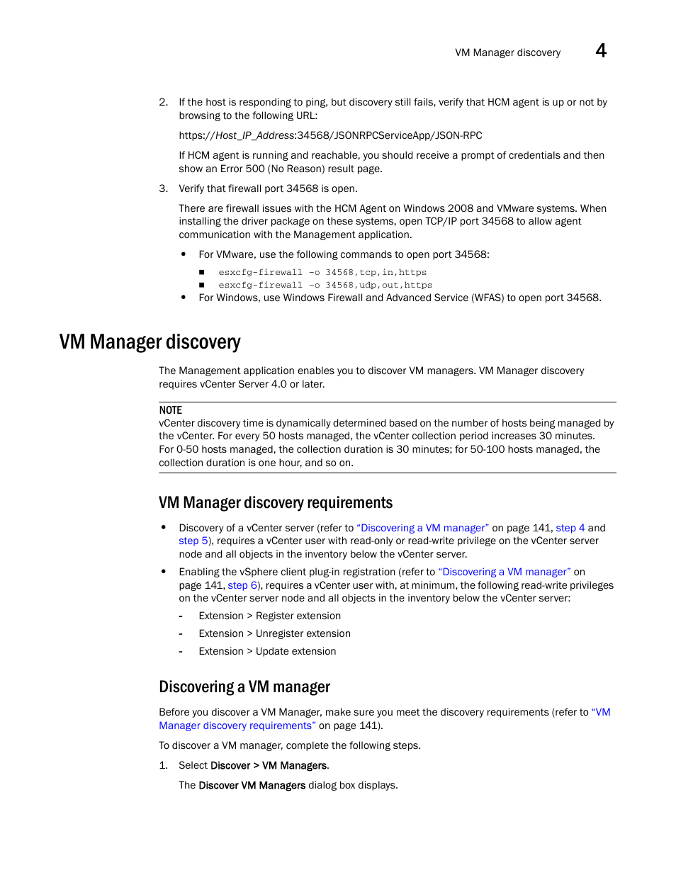 Vm manager discovery, Vm manager discovery requirements, Discovering a vm manager | Brocade Network Advisor SAN + IP User Manual v12.1.0 User Manual | Page 208 / 2389