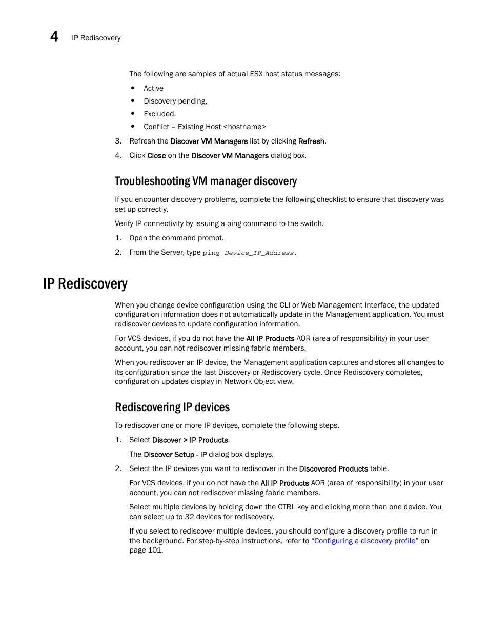 Troubleshooting vm manager discovery, Ip rediscovery, Rediscovering ip devices | Brocade Network Advisor SAN + IP User Manual v12.1.0 User Manual | Page 213 / 2389