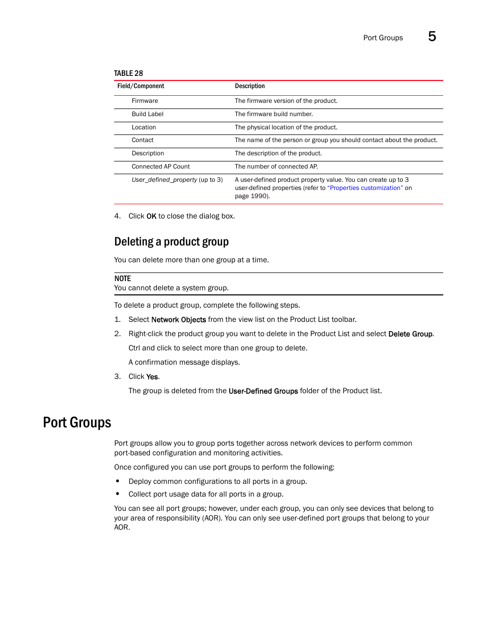 Deleting a product group, Port groups | Brocade Network Advisor SAN + IP User Manual v12.1.0 User Manual | Page 226 / 2389