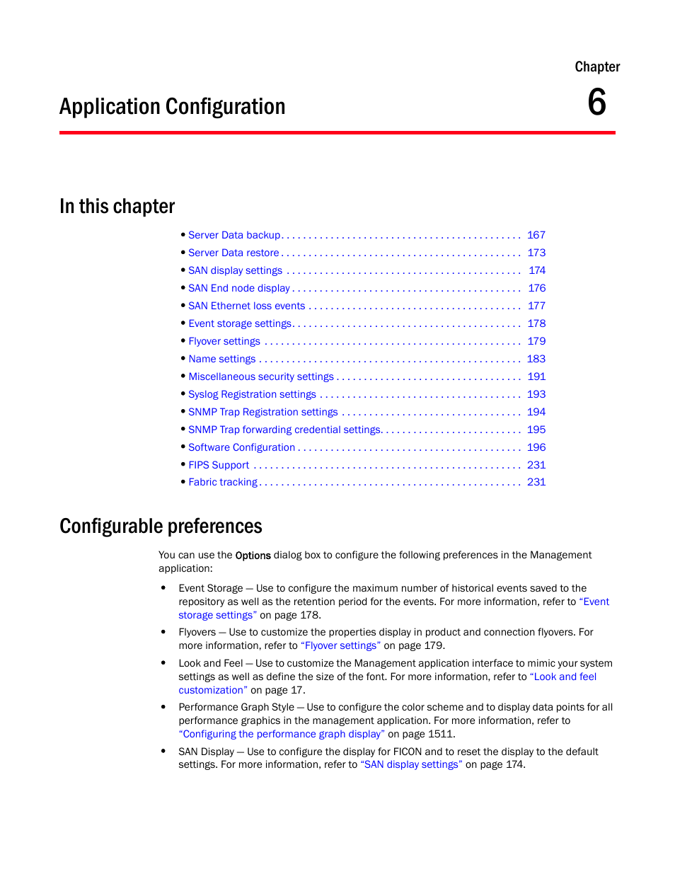 Application configuration, Configurable preferences, Chapter 6 | Chapter 6, “application configuration, Chapter | Brocade Network Advisor SAN + IP User Manual v12.1.0 User Manual | Page 231 / 2389