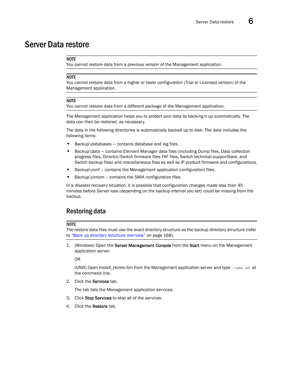 Server data restore, Restoring data | Brocade Network Advisor SAN + IP User Manual v12.1.0 User Manual | Page 239 / 2389