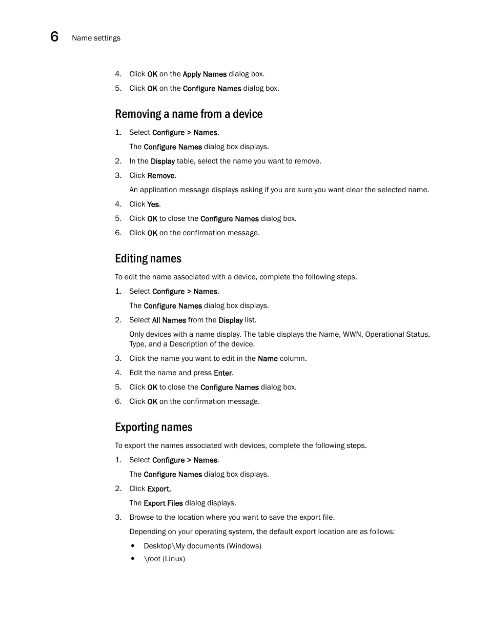 Removing a name from a device, Editing names, Exporting names | Brocade Network Advisor SAN + IP User Manual v12.1.0 User Manual | Page 254 / 2389