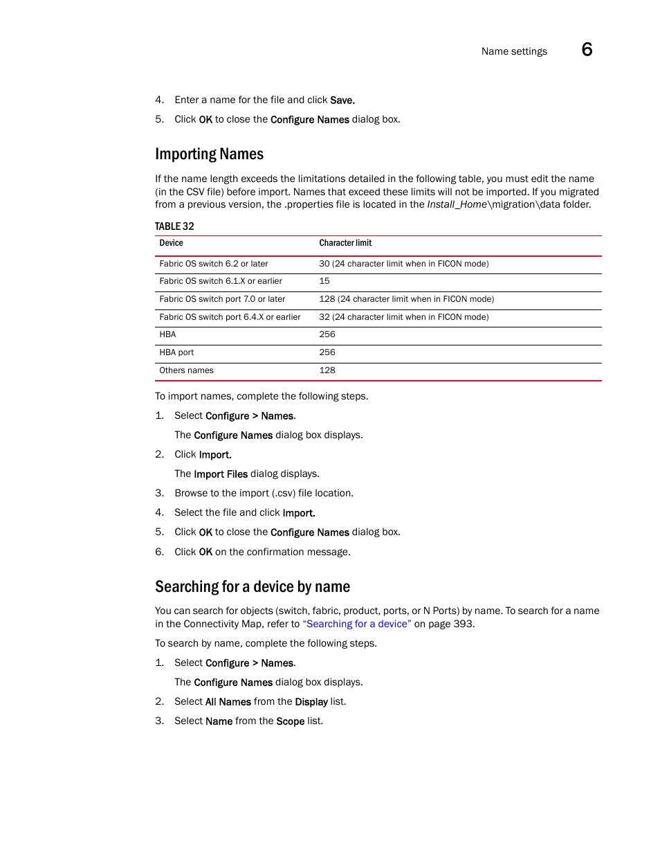 Importing names, Searching for a device by name, Importing | Names | Brocade Network Advisor SAN + IP User Manual v12.1.0 User Manual | Page 255 / 2389