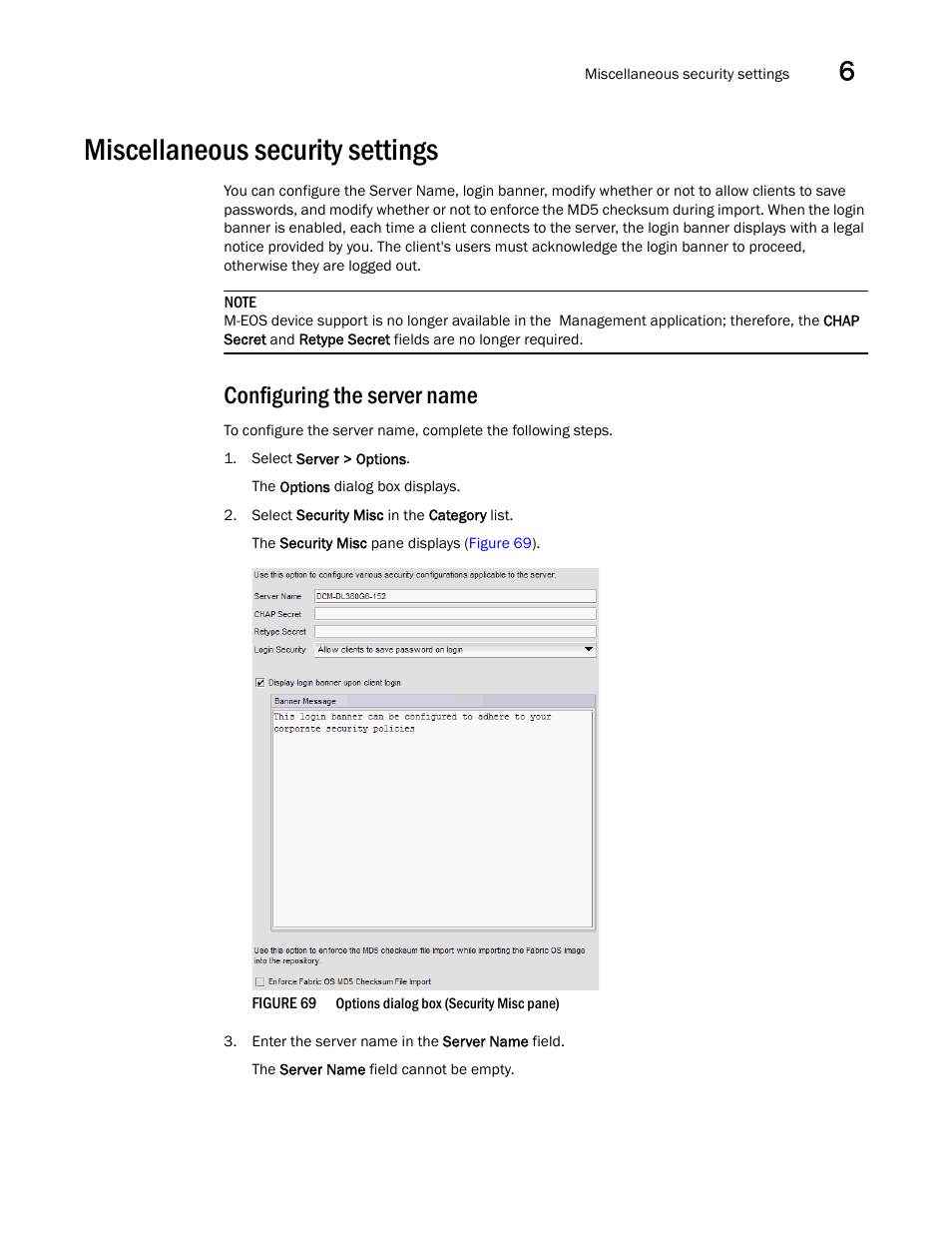 Miscellaneous security settings, Configuring the server name | Brocade Network Advisor SAN + IP User Manual v12.1.0 User Manual | Page 257 / 2389