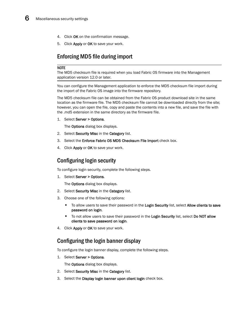 Enforcing md5 file during import, Configuring login security, Configuring the login banner display | Brocade Network Advisor SAN + IP User Manual v12.1.0 User Manual | Page 258 / 2389