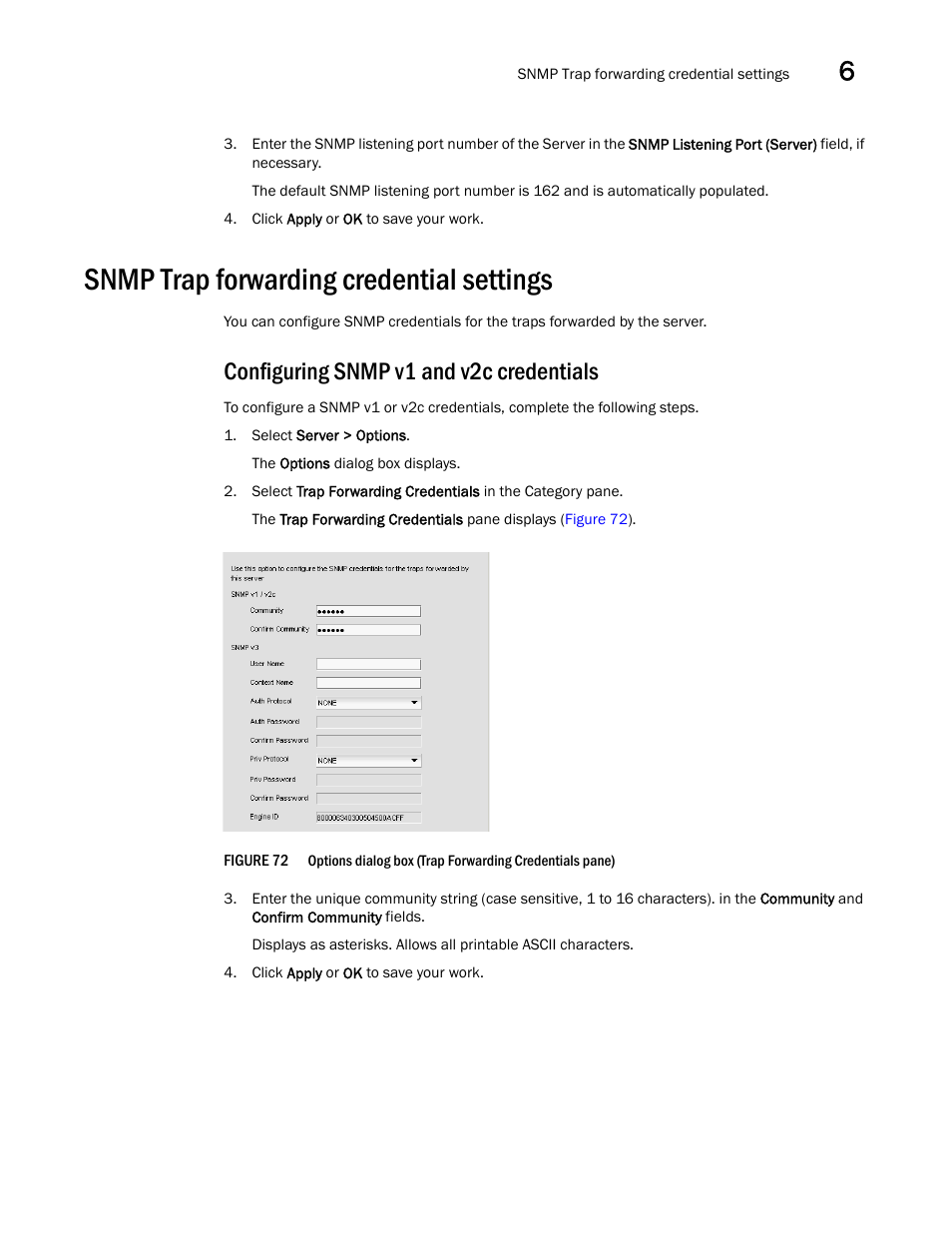 Snmp trap forwarding credential settings, Configuring snmp v1 and v2c credentials | Brocade Network Advisor SAN + IP User Manual v12.1.0 User Manual | Page 261 / 2389