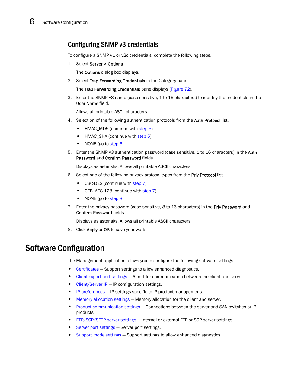 Configuring snmp v3 credentials, Software configuration | Brocade Network Advisor SAN + IP User Manual v12.1.0 User Manual | Page 262 / 2389