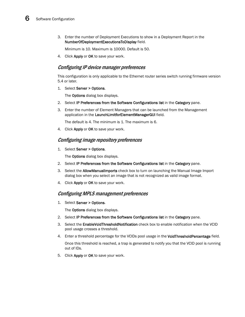 Configuring image repository preferences, Configuring mpls management preferences, Configuring ip device manager preferences | Brocade Network Advisor SAN + IP User Manual v12.1.0 User Manual | Page 278 / 2389