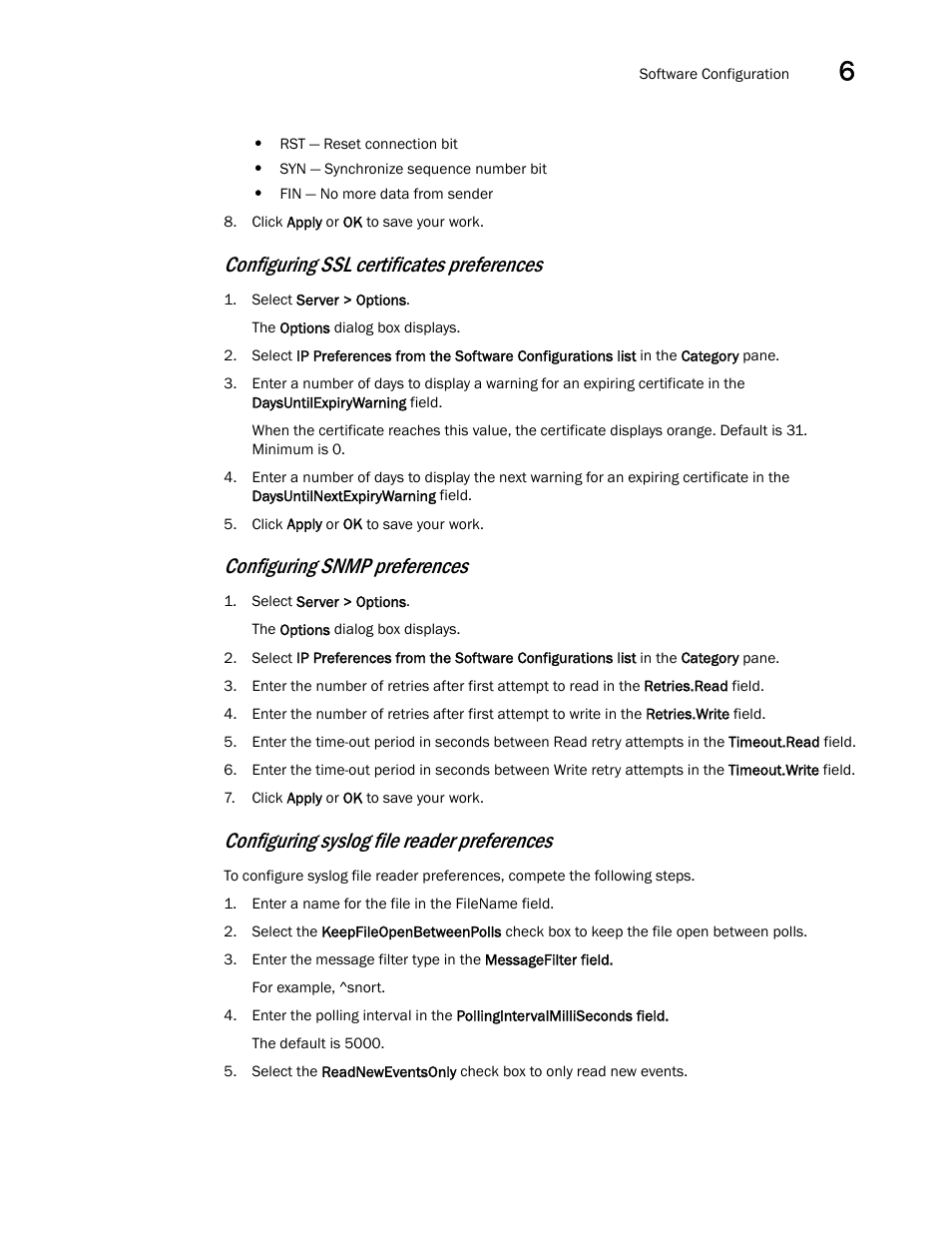 Configuring ssl certificates preferences, Configuring snmp preferences, Configuring syslog file reader preferences | Brocade Network Advisor SAN + IP User Manual v12.1.0 User Manual | Page 281 / 2389