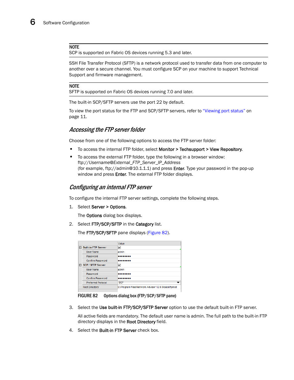 Accessing the ftp server folder, Configuring an internal ftp server | Brocade Network Advisor SAN + IP User Manual v12.1.0 User Manual | Page 290 / 2389