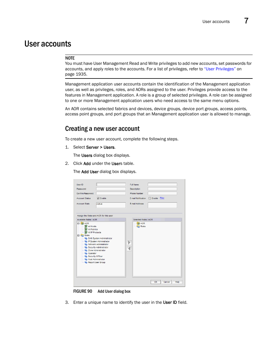 User accounts, Creating a new user account | Brocade Network Advisor SAN + IP User Manual v12.1.0 User Manual | Page 306 / 2389