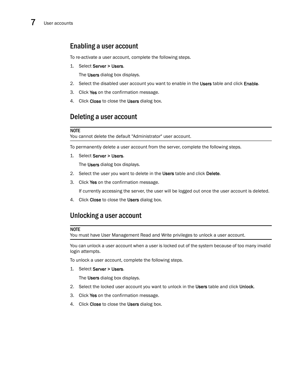 Enabling a user account, Deleting a user account, Unlocking a user account | Enabling a user, Account, Unlocking a, User account | Brocade Network Advisor SAN + IP User Manual v12.1.0 User Manual | Page 311 / 2389
