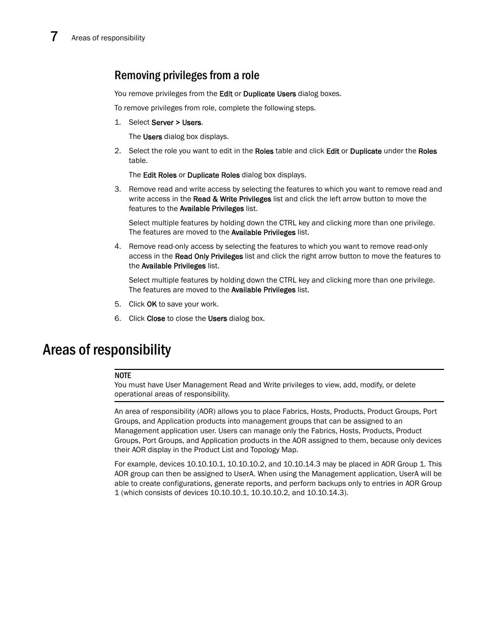 Removing privileges from a role, Areas of responsibility, Removing | Privileges from a role | Brocade Network Advisor SAN + IP User Manual v12.1.0 User Manual | Page 315 / 2389