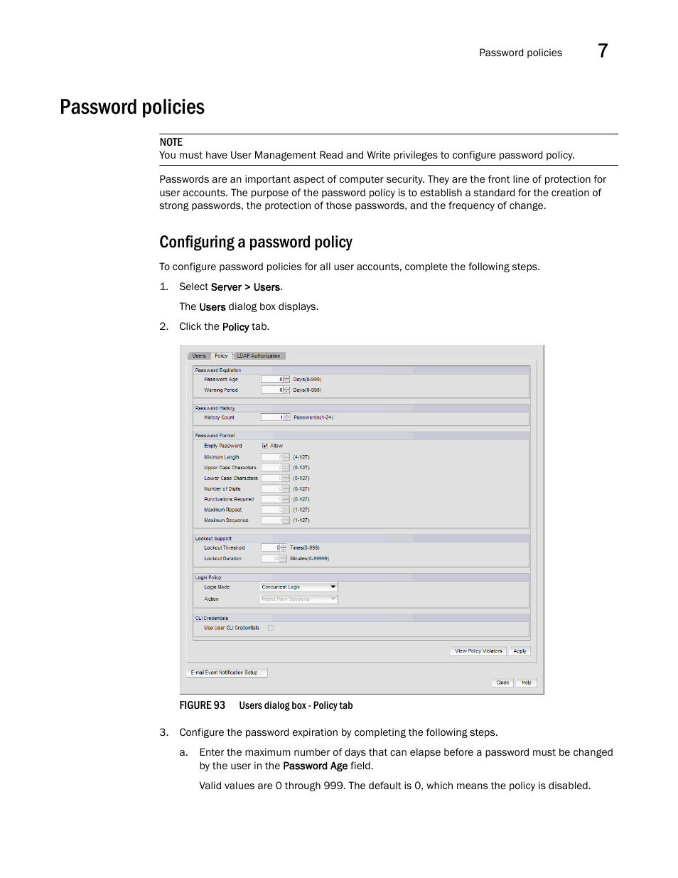 Password policies, Configuring a password policy | Brocade Network Advisor SAN + IP User Manual v12.1.0 User Manual | Page 320 / 2389