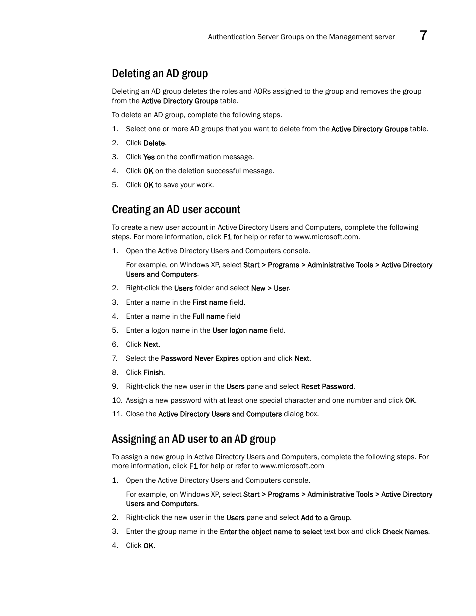 Deleting an ad group, Creating an ad user account, Assigning an ad user to an ad group | Brocade Network Advisor SAN + IP User Manual v12.1.0 User Manual | Page 326 / 2389