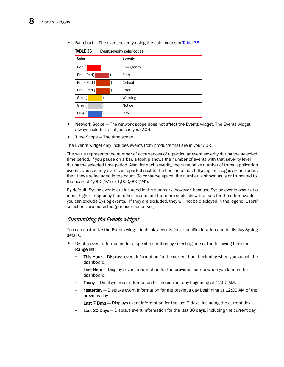 Customizing the events widget | Brocade Network Advisor SAN + IP User Manual v12.1.0 User Manual | Page 351 / 2389