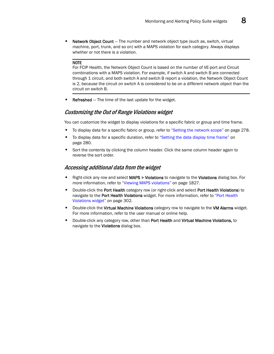 Customizing the out of range violations widget, Accessing additional data from the widget | Brocade Network Advisor SAN + IP User Manual v12.1.0 User Manual | Page 366 / 2389