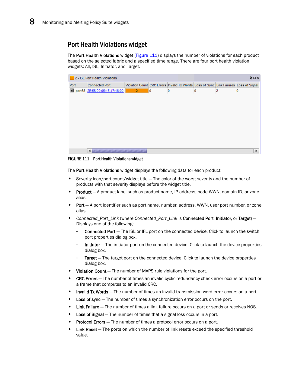 Port health violations widget, Port health, Violations widget | Brocade Network Advisor SAN + IP User Manual v12.1.0 User Manual | Page 367 / 2389