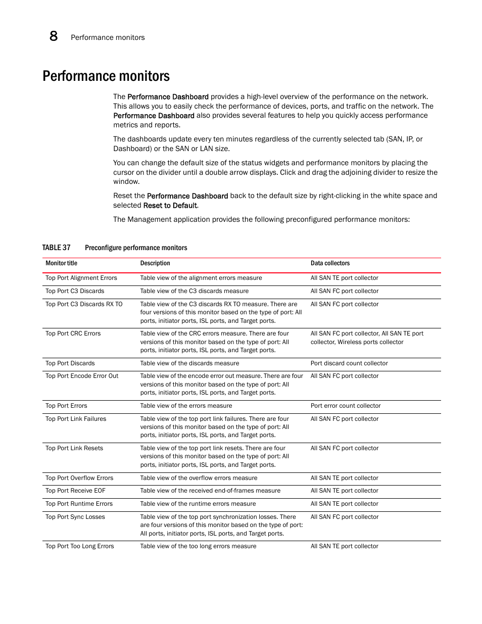 Performance monitors, Performance, Monitors | Brocade Network Advisor SAN + IP User Manual v12.1.0 User Manual | Page 369 / 2389