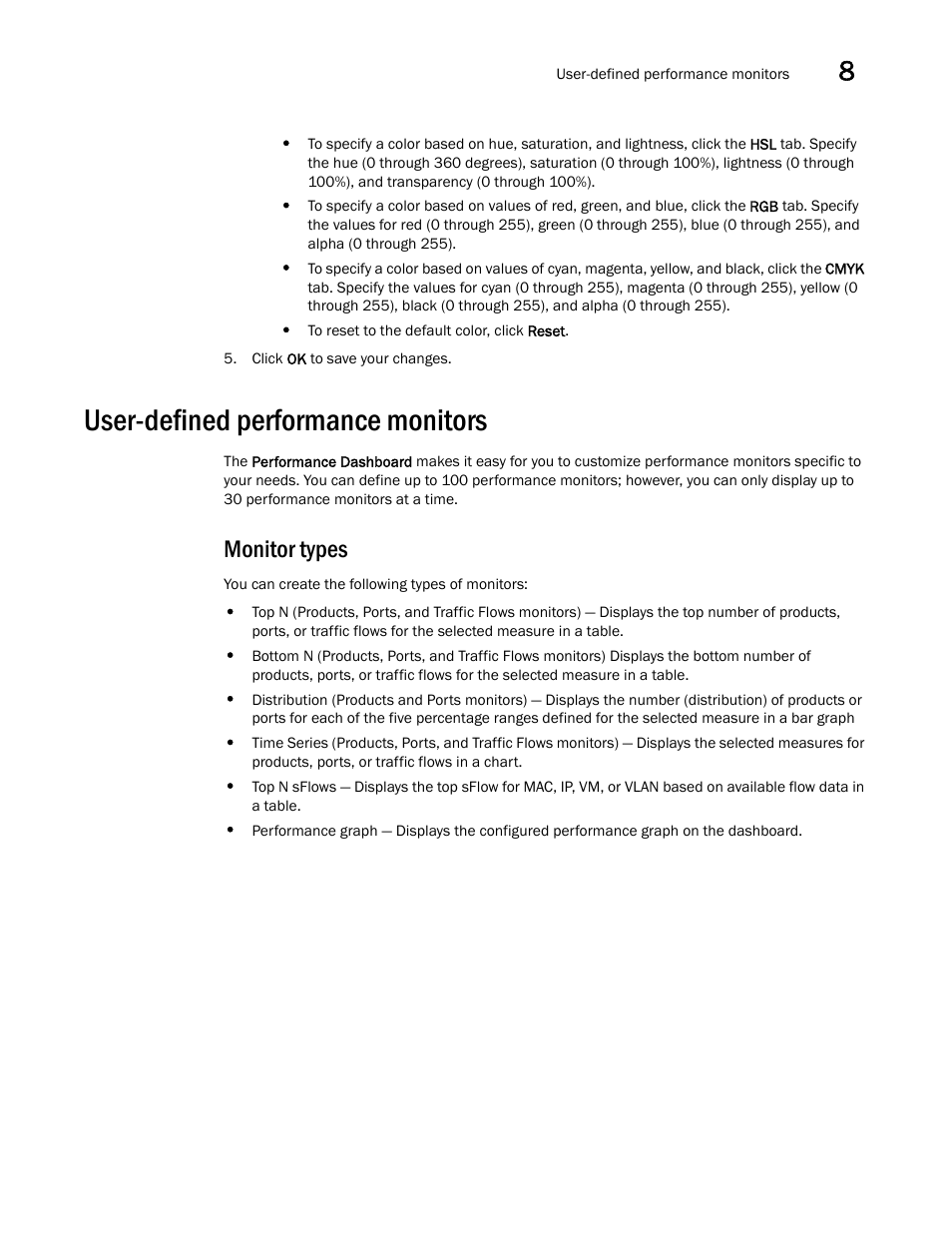 User-defined performance monitors, Monitor types | Brocade Network Advisor SAN + IP User Manual v12.1.0 User Manual | Page 398 / 2389