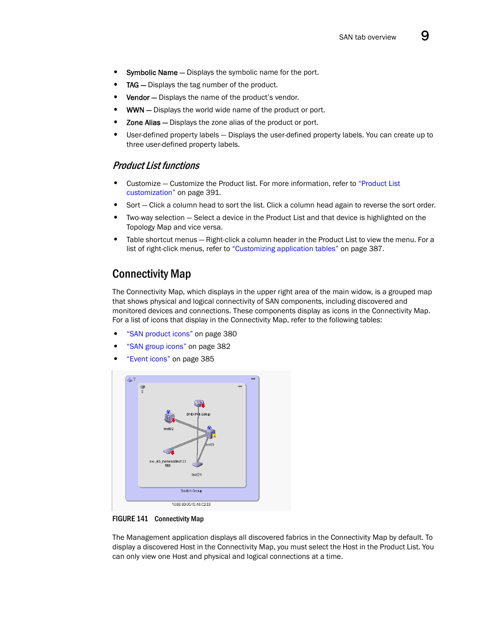 Product list functions, Connectivity map | Brocade Network Advisor SAN + IP User Manual v12.1.0 User Manual | Page 432 / 2389
