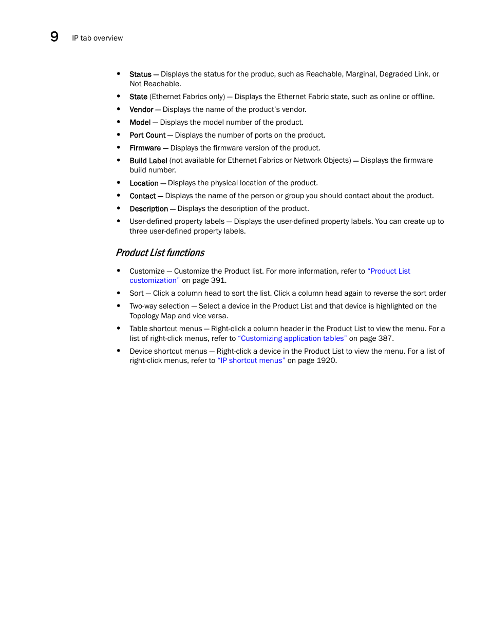 Product list functions | Brocade Network Advisor SAN + IP User Manual v12.1.0 User Manual | Page 439 / 2389