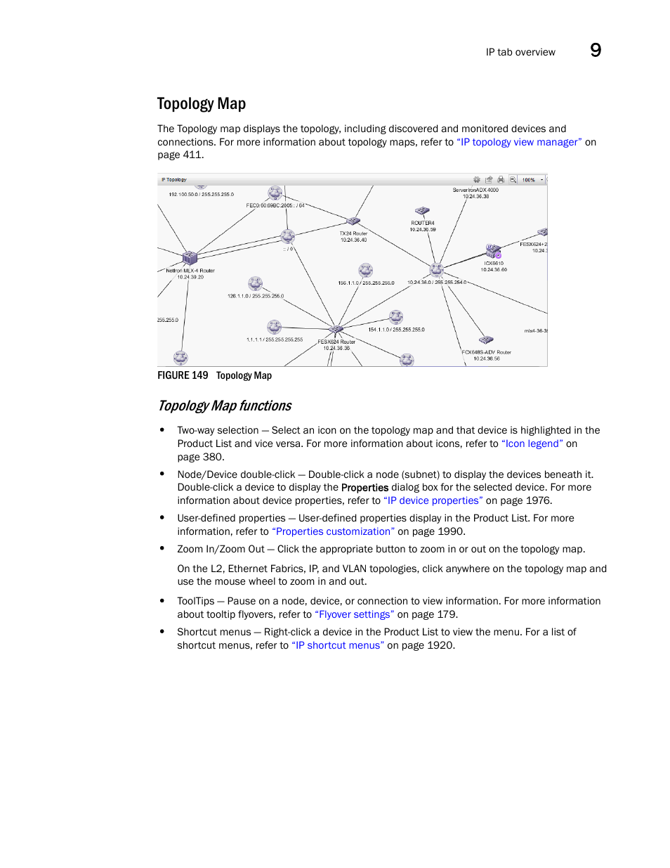 Topology map, Topology map functions | Brocade Network Advisor SAN + IP User Manual v12.1.0 User Manual | Page 440 / 2389