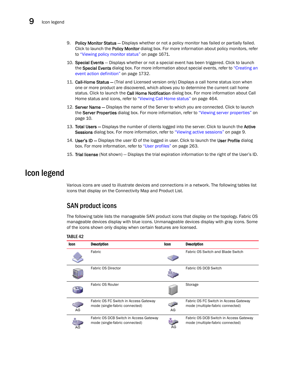 Icon legend, San product icons | Brocade Network Advisor SAN + IP User Manual v12.1.0 User Manual | Page 445 / 2389