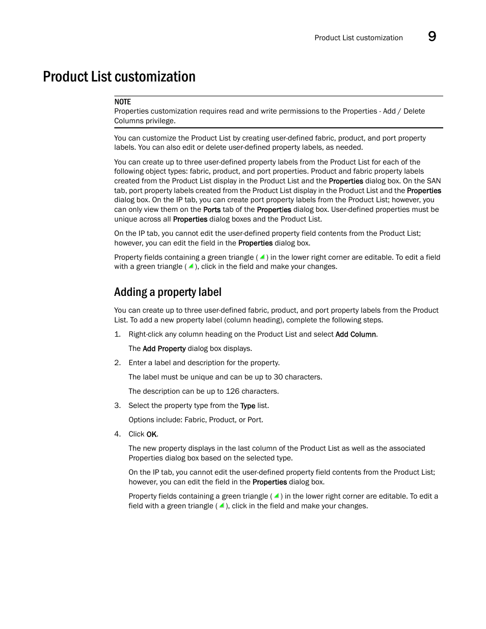 Product list customization, Adding a property label, Product list | Customization | Brocade Network Advisor SAN + IP User Manual v12.1.0 User Manual | Page 456 / 2389