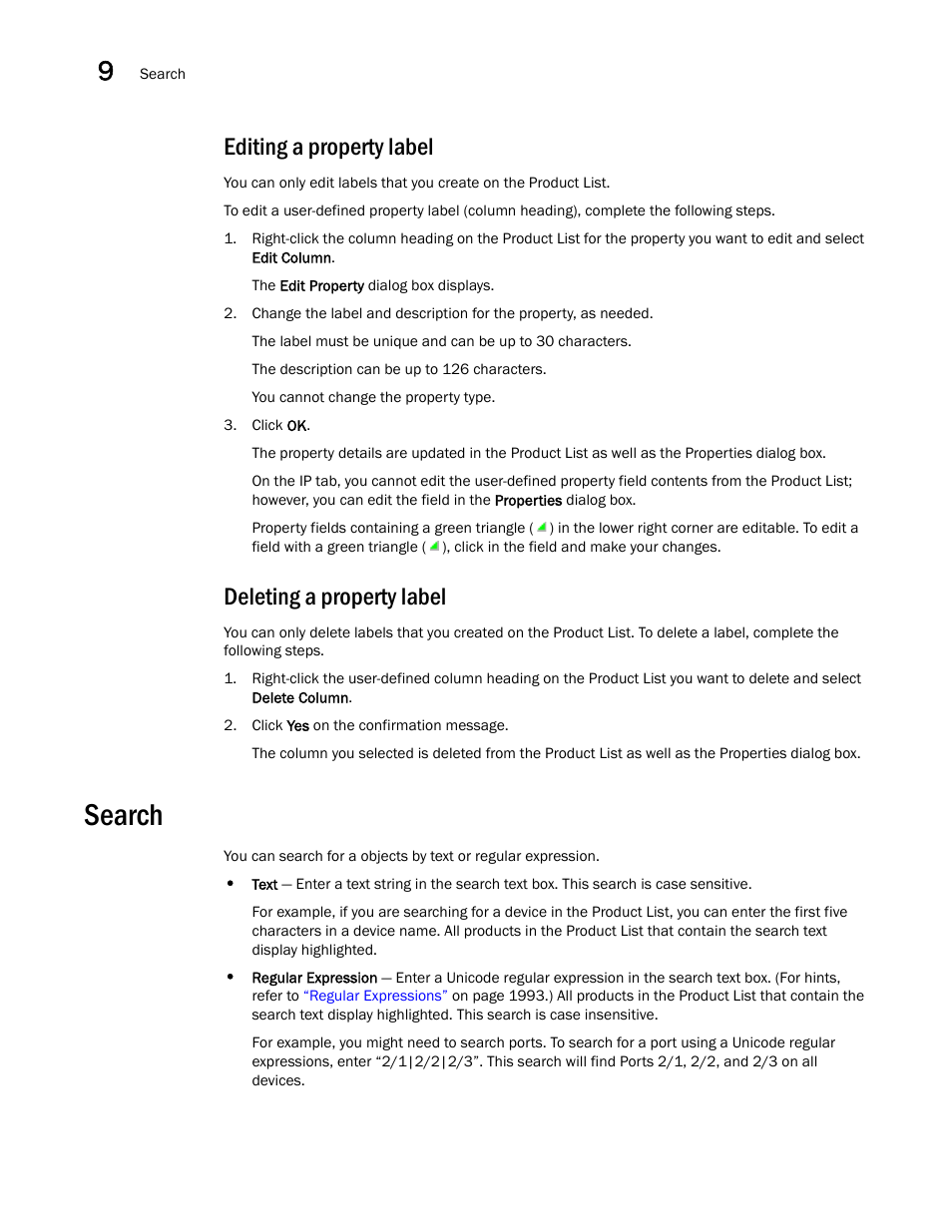 Editing a property label, Deleting a property label, Search | Editing a property label deleting a property label | Brocade Network Advisor SAN + IP User Manual v12.1.0 User Manual | Page 457 / 2389