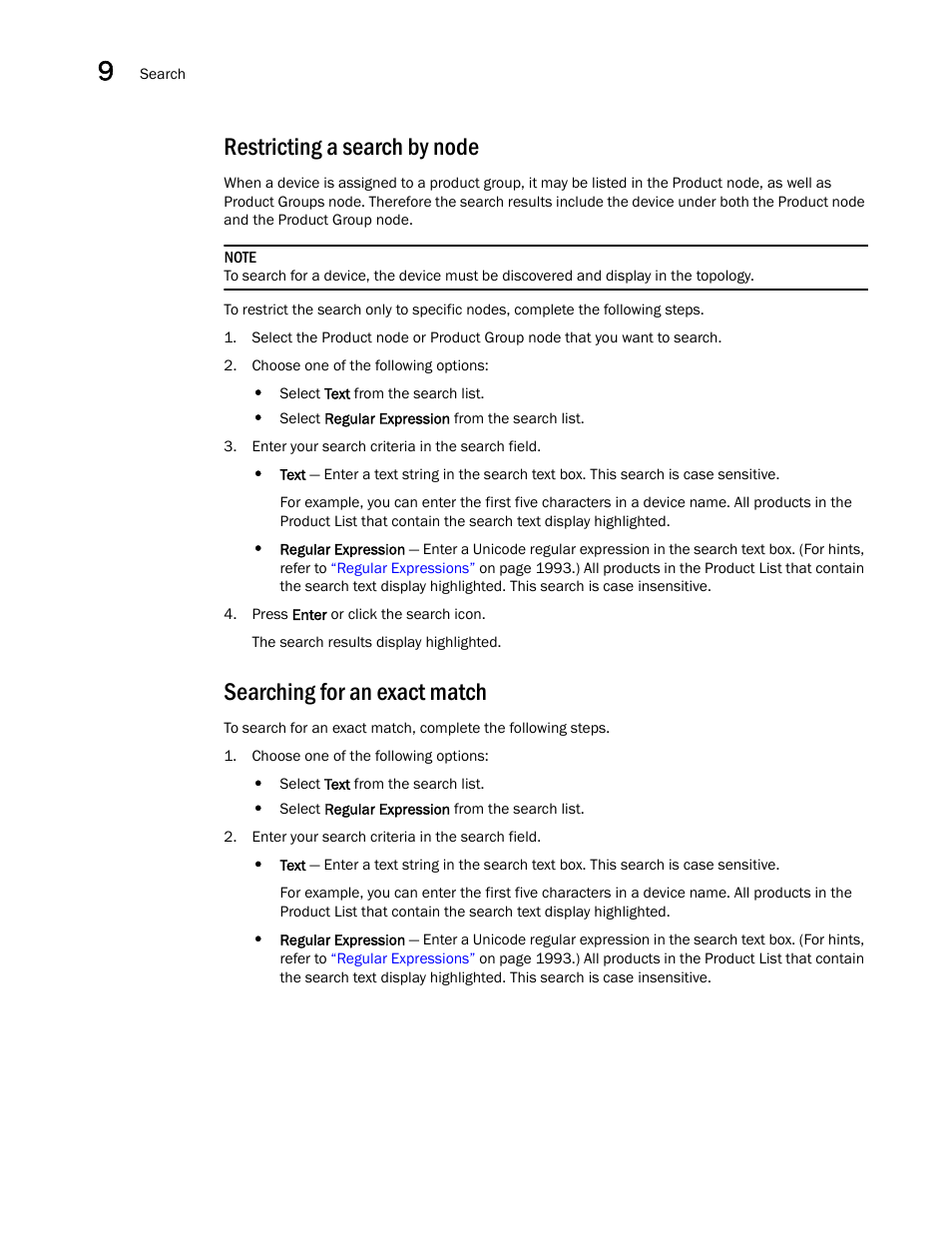 Restricting a search by node, Searching for an exact match | Brocade Network Advisor SAN + IP User Manual v12.1.0 User Manual | Page 459 / 2389