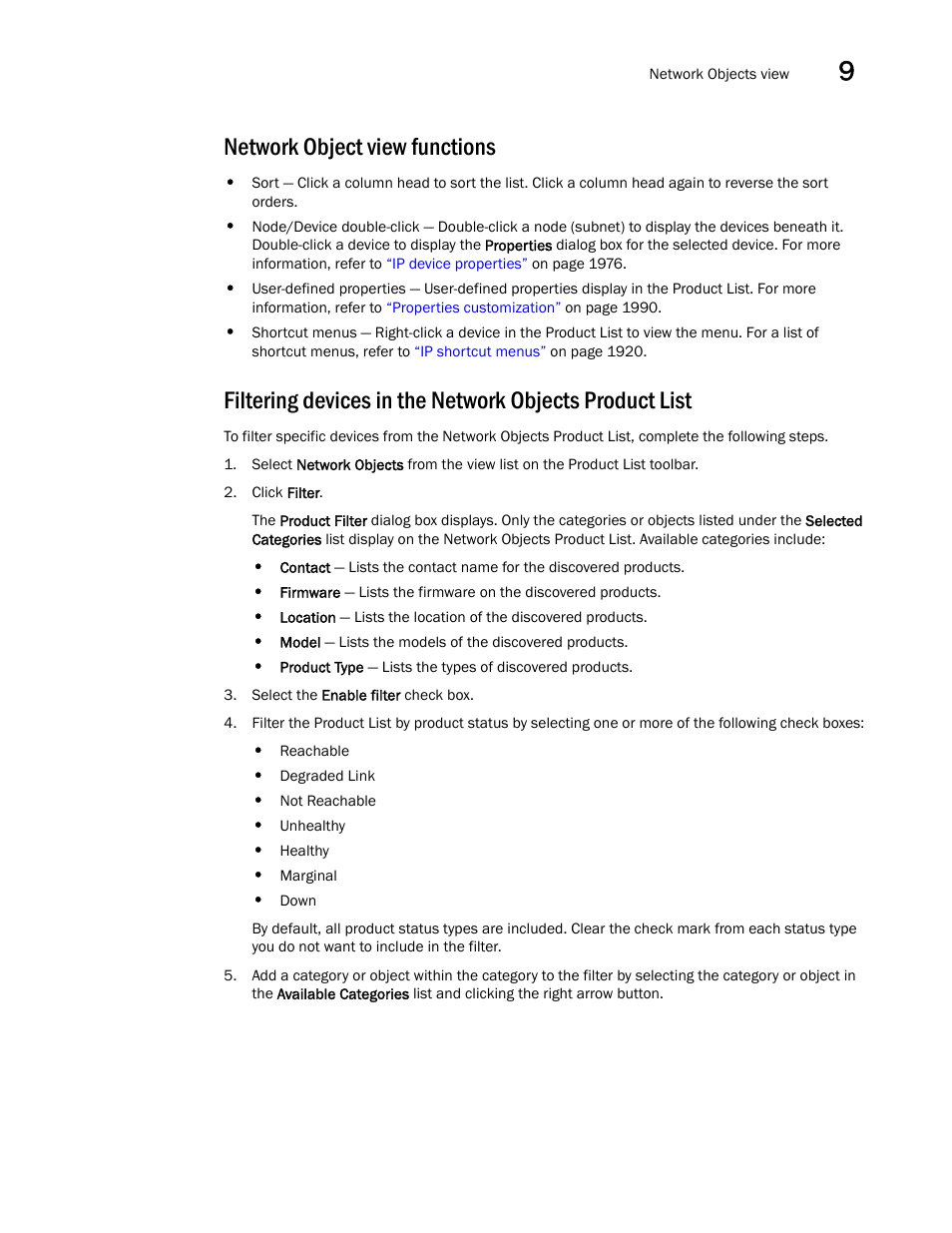 Network object view functions, Filtering devices in the network objects, Product list | Brocade Network Advisor SAN + IP User Manual v12.1.0 User Manual | Page 478 / 2389