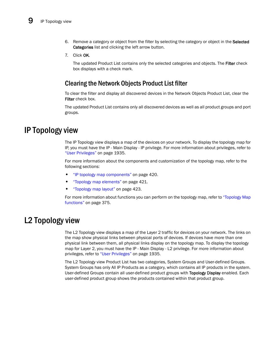 Clearing the network objects product list filter, Ip topology view, L2 topology view | Brocade Network Advisor SAN + IP User Manual v12.1.0 User Manual | Page 479 / 2389