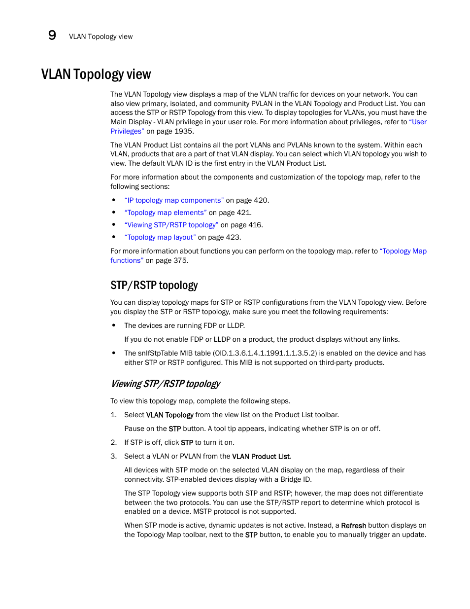 Vlan topology view, Stp/rstp topology, Viewing stp/rstp topology | Brocade Network Advisor SAN + IP User Manual v12.1.0 User Manual | Page 481 / 2389