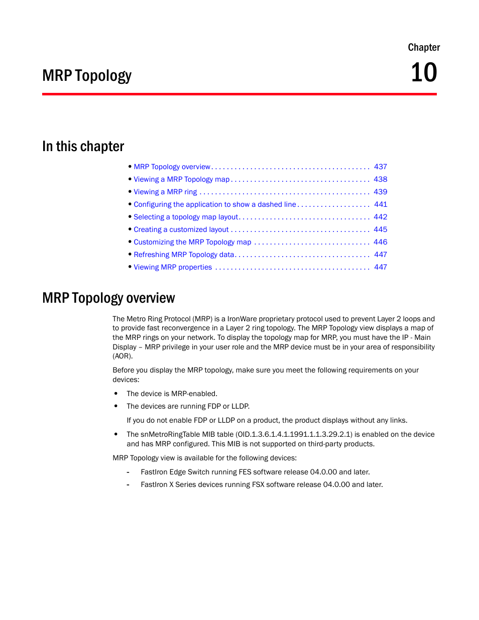 Mrp topology, Mrp topology overview, Chapter 10 | Chapter 10, “mrp topology | Brocade Network Advisor SAN + IP User Manual v12.1.0 User Manual | Page 501 / 2389