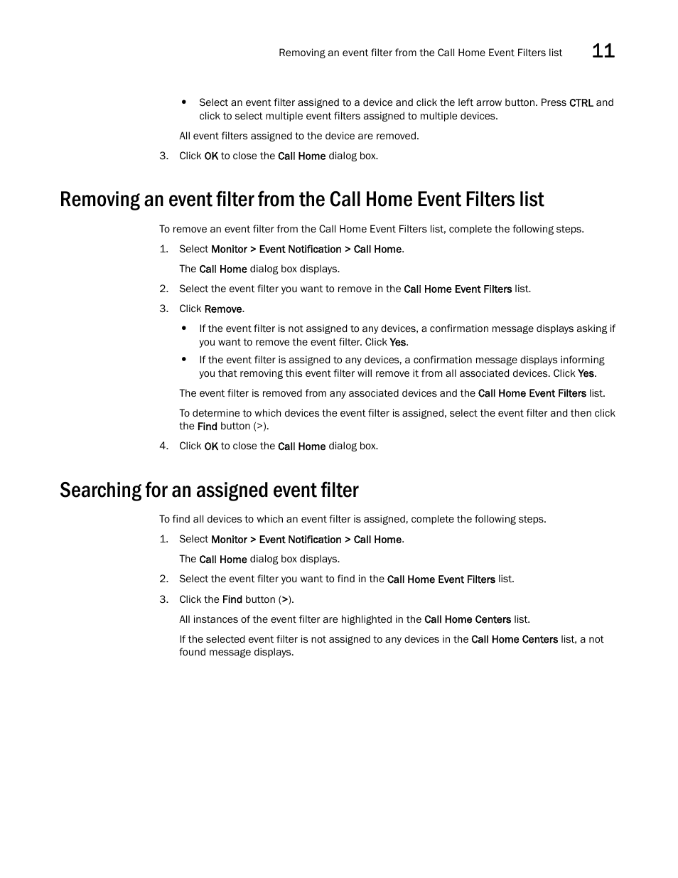 Searching for an assigned event filter, Removing an event filter from, The call home event filters list | Brocade Network Advisor SAN + IP User Manual v12.1.0 User Manual | Page 533 / 2389