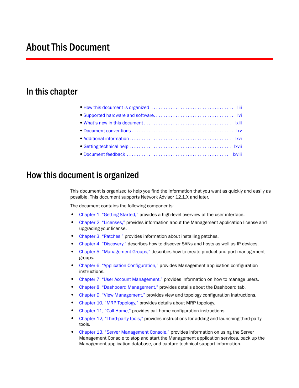About this document, How this document is organized | Brocade Network Advisor SAN + IP User Manual v12.1.0 User Manual | Page 54 / 2389