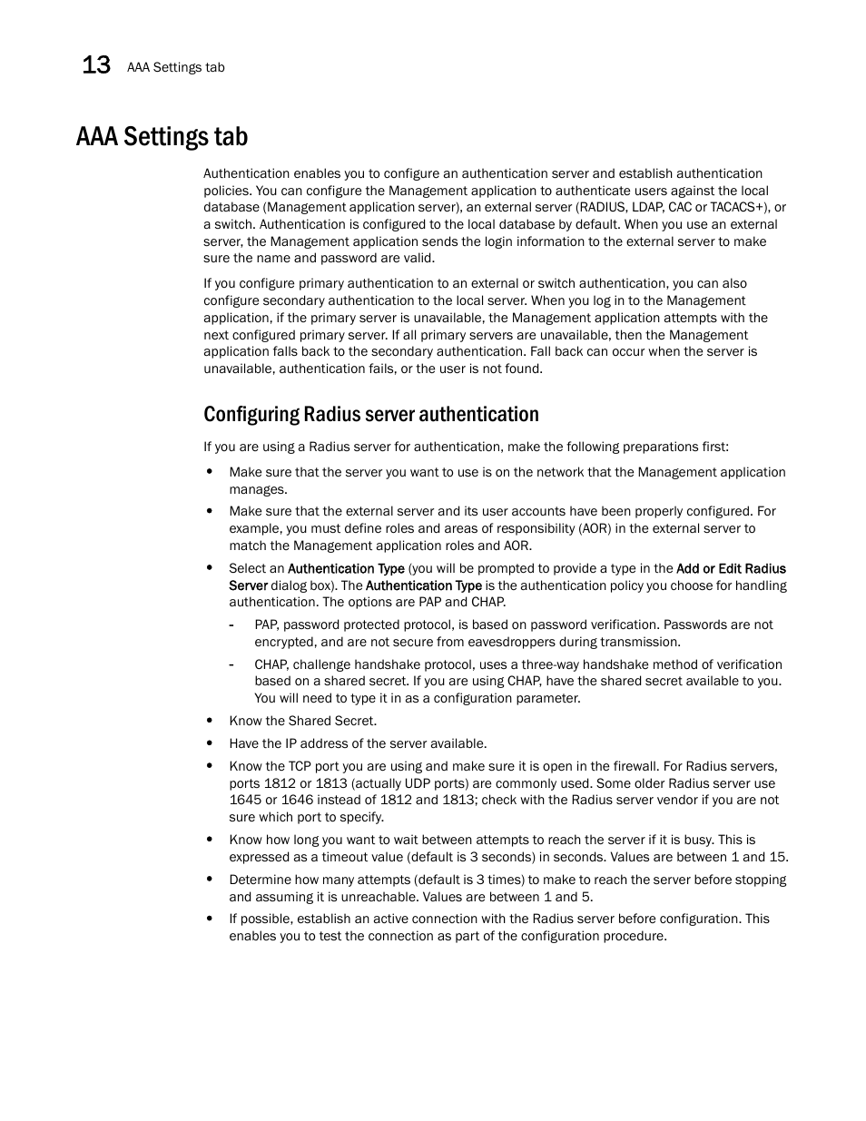 Aaa settings tab, Configuring radius server authentication | Brocade Network Advisor SAN + IP User Manual v12.1.0 User Manual | Page 554 / 2389